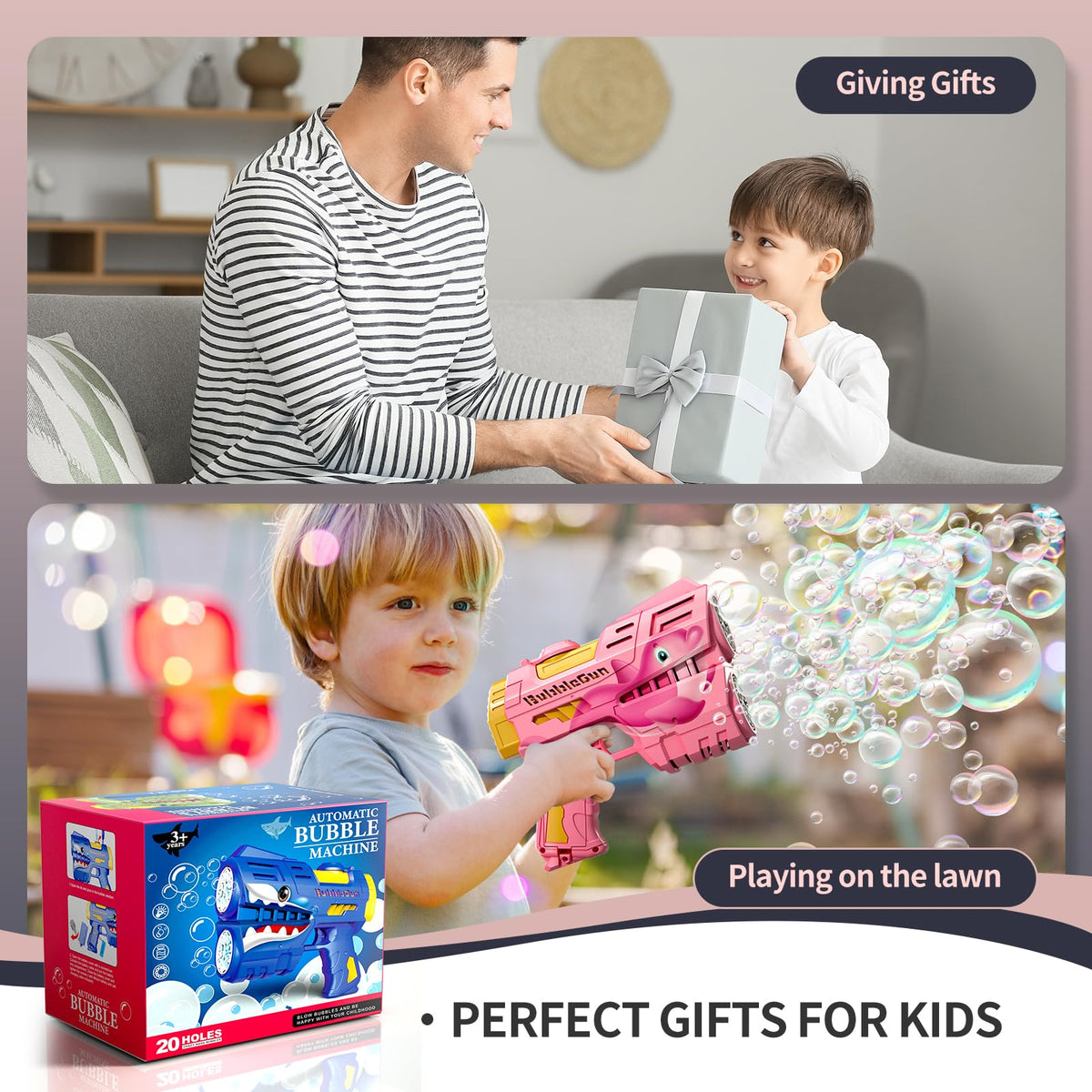 Kids enjoy outdoor bubble blasting with Jasny bubble guns.