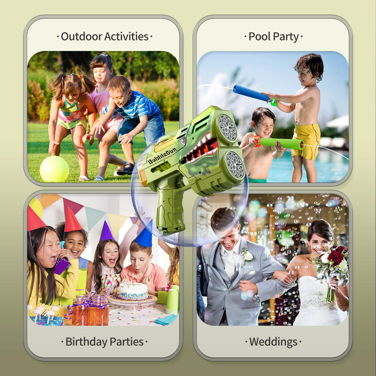 Jasny outdoor party setup with bubble guns creates festive atmosphere.