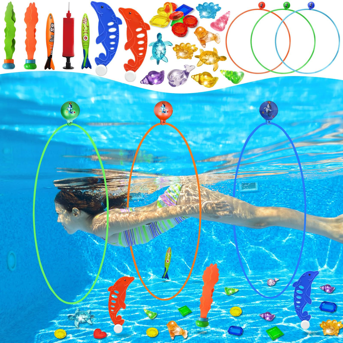 Jasonwell diving rings in use, ideal for kids' pool treasure games