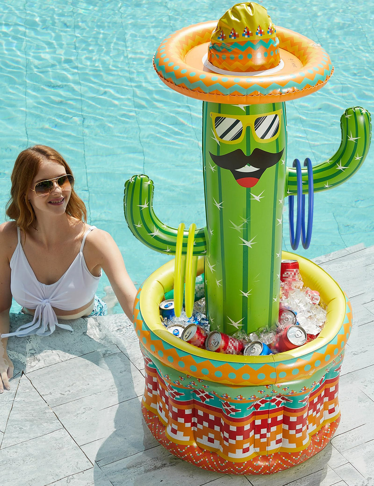 Jasonwell Fiesta Cactus cooler floats in the pool keeping drinks cold for poolside fun