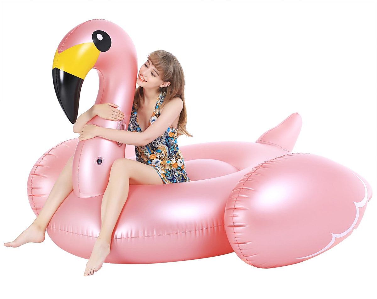 Jasonwell giant inflatable flamingo front view, sturdy two-adult pool float.