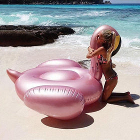 Jasonwell giant inflatable flamingo side view, durable raft-grade material for long days in water.