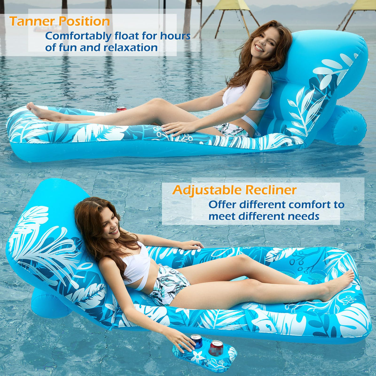 Jasonwell floating with built-in cup holders keeps drinks within reach.