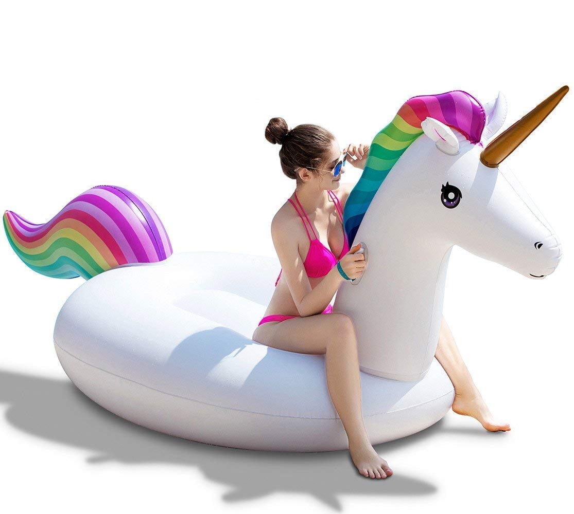 Kids and adults enjoying the Jasonwell unicorn pool float ride