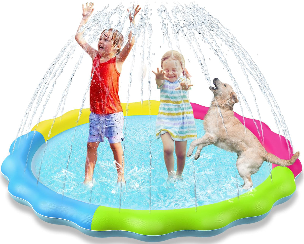 Jasonwell kids-dog splash pad in backyard with kids and dogs cooling off
