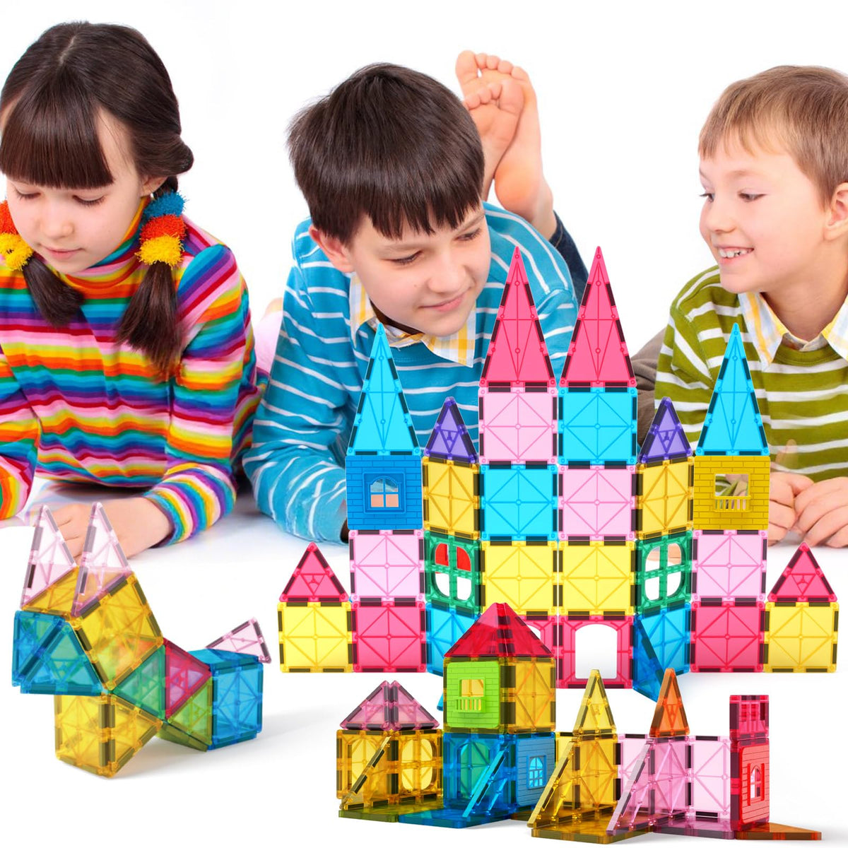 Family play moment with cooperative building and bonding.