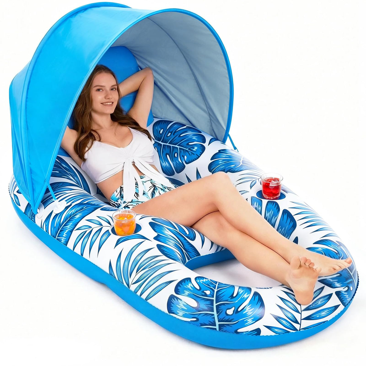 Jasonwell pool float with canopy blue provides shade and relaxed lounging on water.