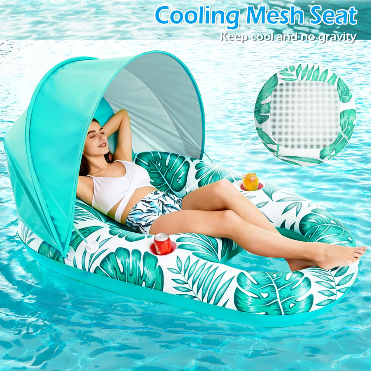 Jasonwell pool float with canopy cup holders for refreshing drinks by the pool.