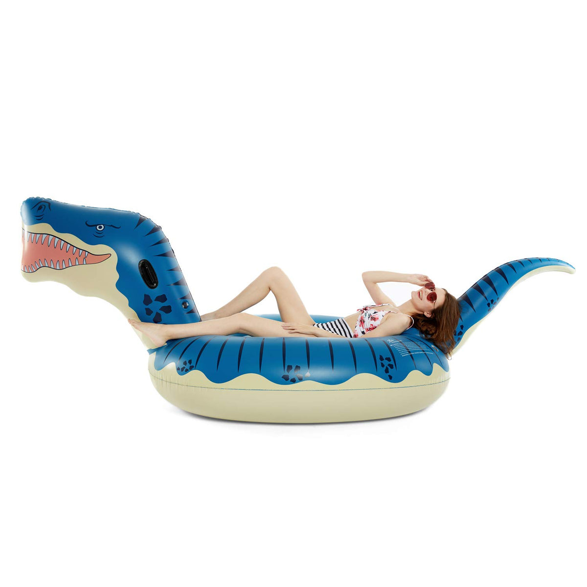 Jasonwell 124inch T-Rex pool float shown on water edge