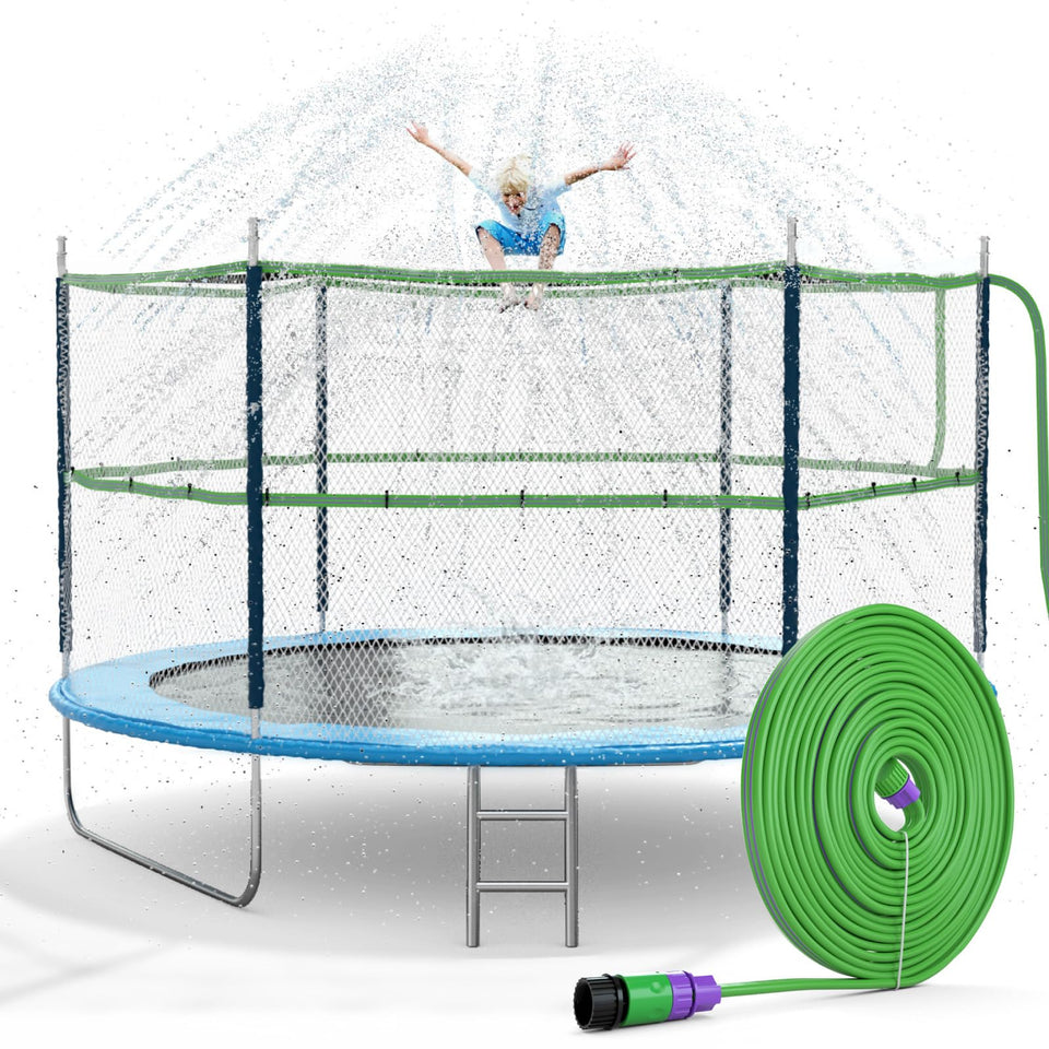 Jasonwell trampoline sprinkler setup shows quick, tool-free attachment for instant outdoor fun