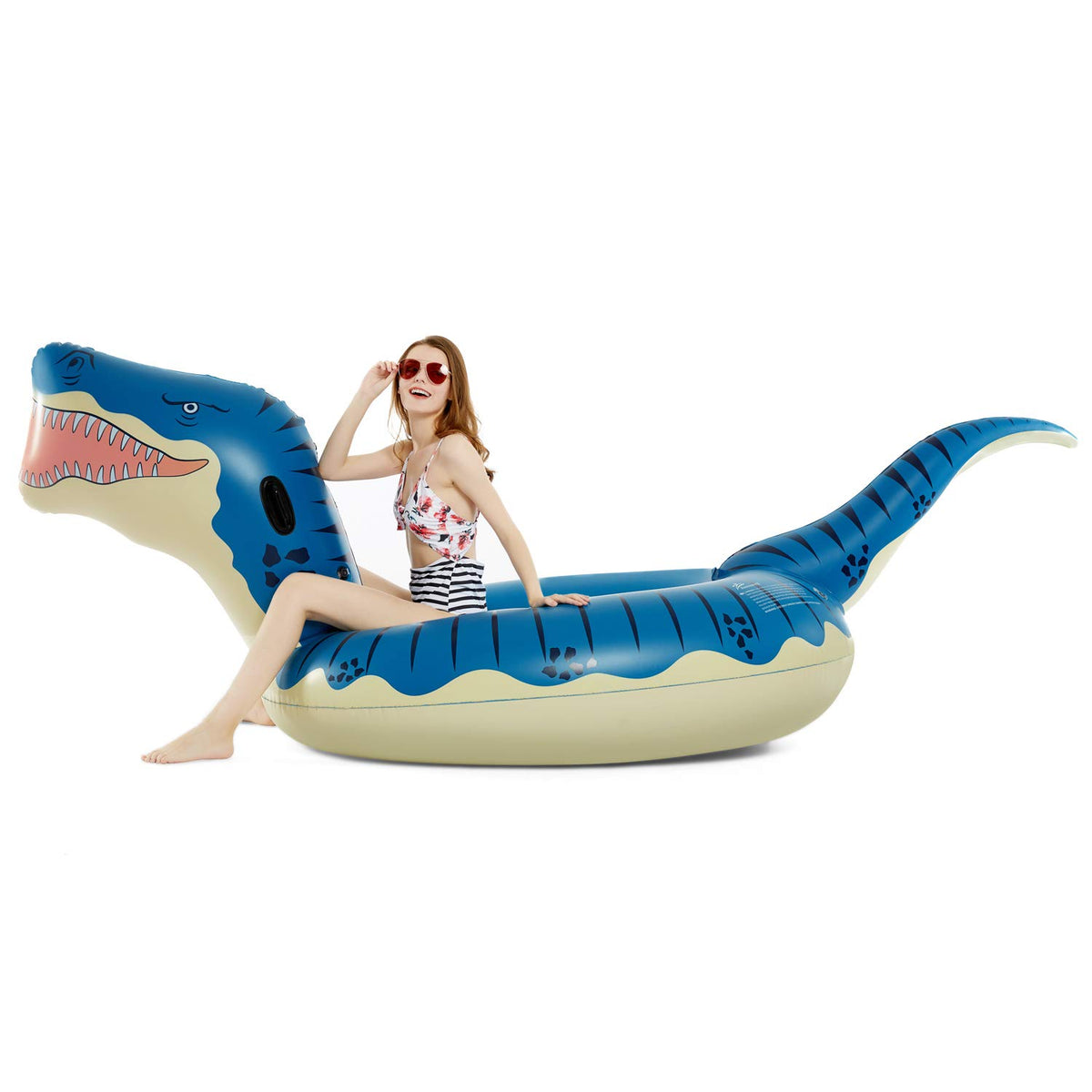 Jasonwell Tyrannosaurus Rex ride-on pool float in bright sun
