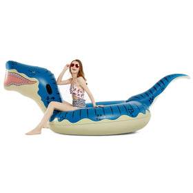 Jasonwell Tyrannosaurus Rex ride-on pool float in bright sun
