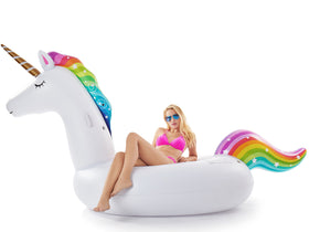Jasonwell Unicorn Pool Float inflates quickly with hairdryer or pump.