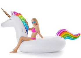 Jasonwell Giant Unicorn Pool Float supports two adults for water recreation.