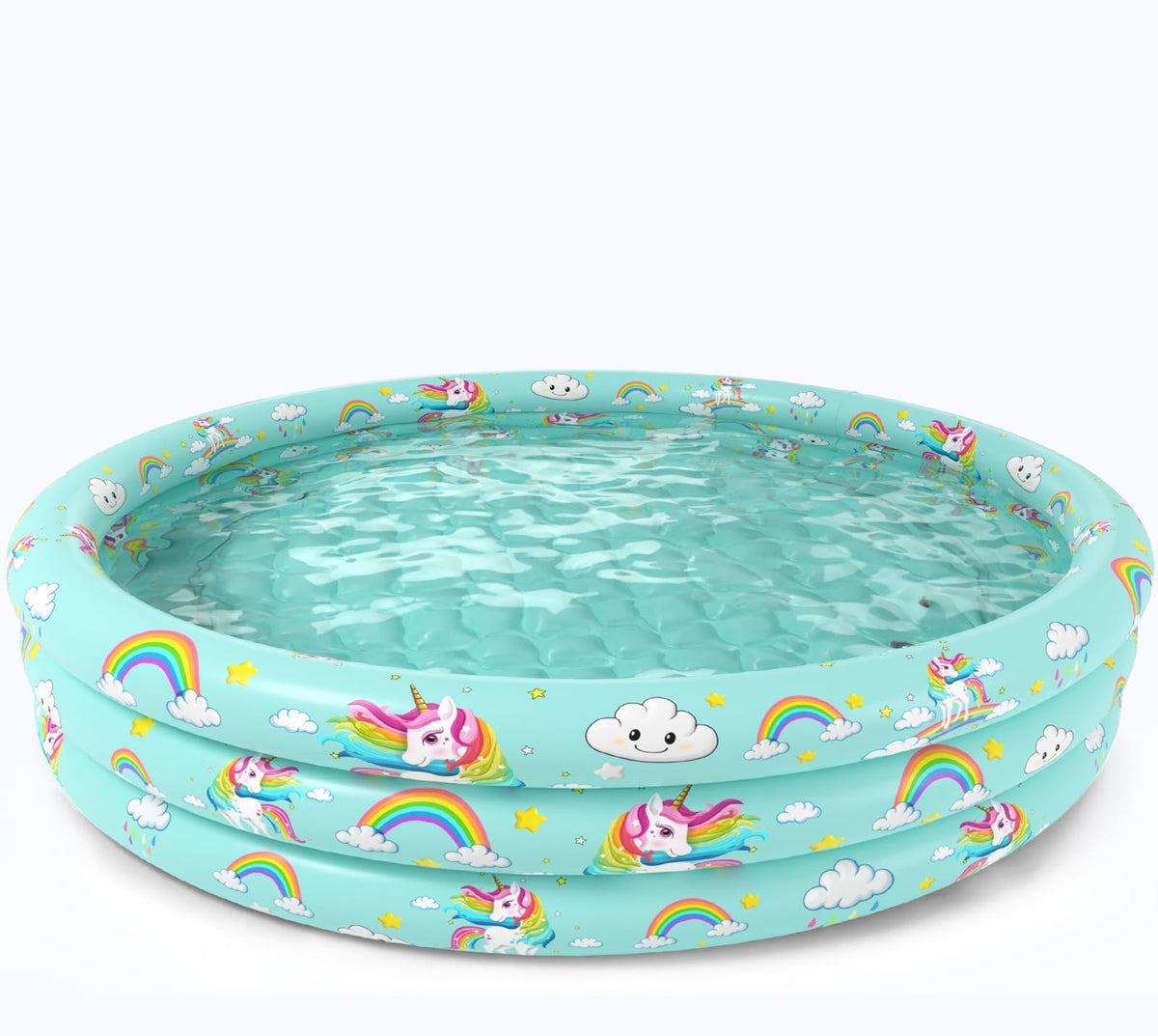 Jasonwell Unicorn Pool side view shows sturdy inflatable walls for toddler play