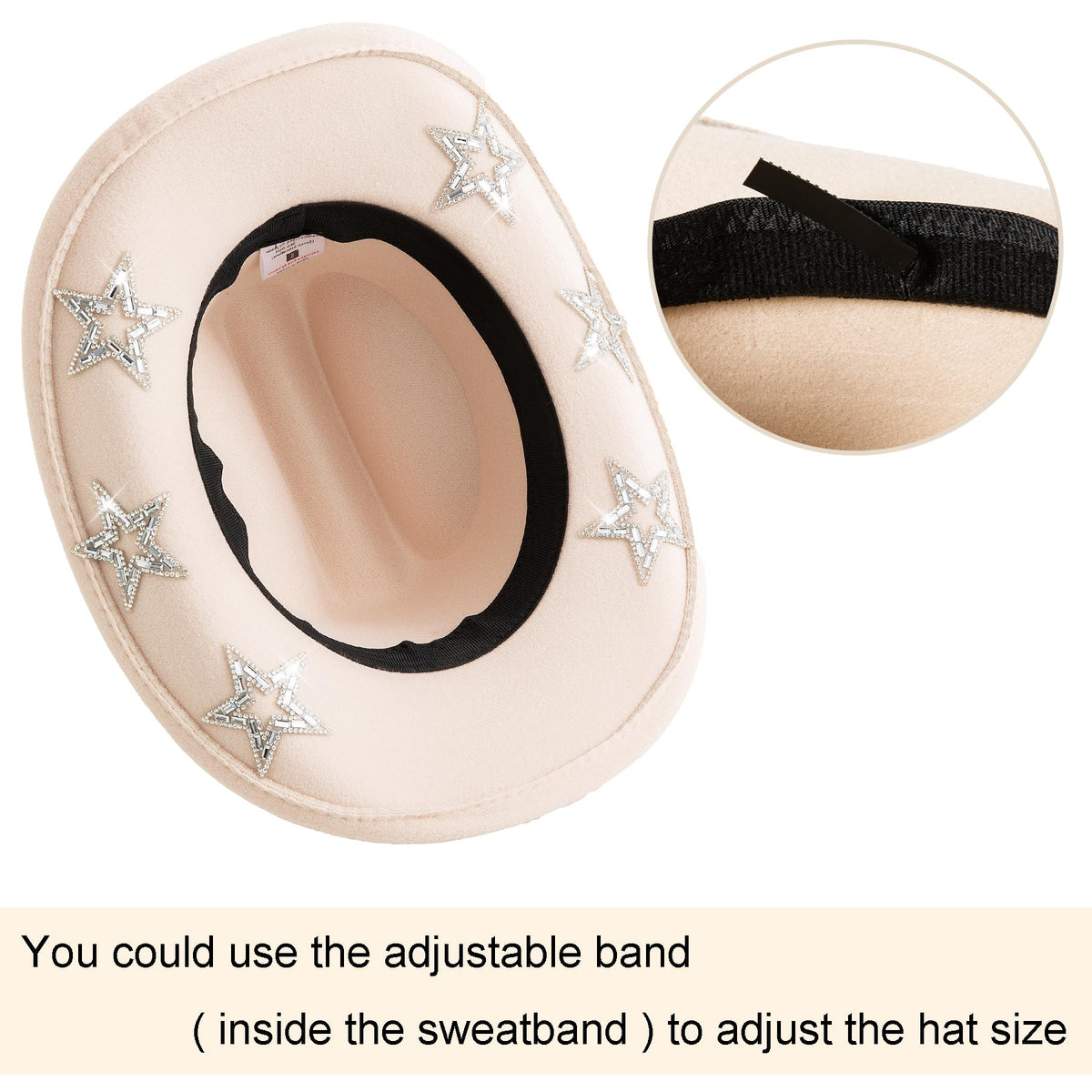 Jastore adjustable drawstring keeps the beige cowgirl hat securely on growing heads.