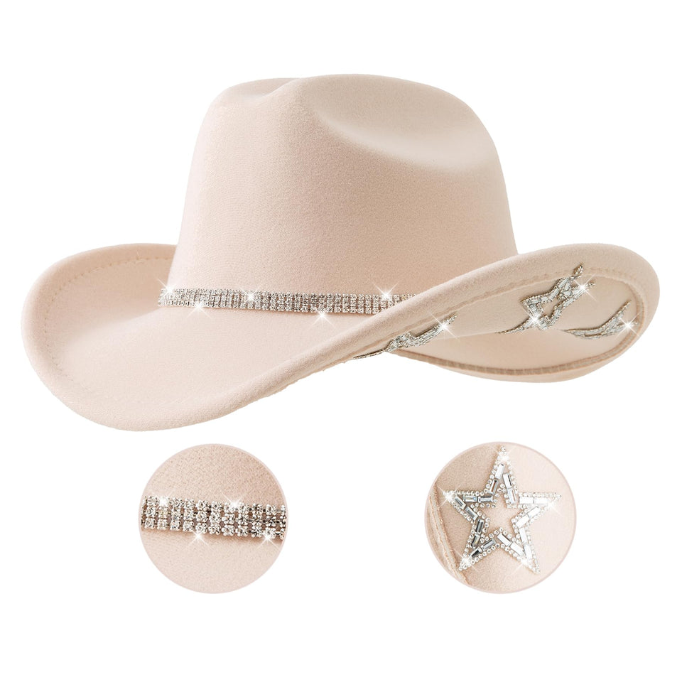 Jastore beige bling rhinestone western cowgirl hat for dress-up play.