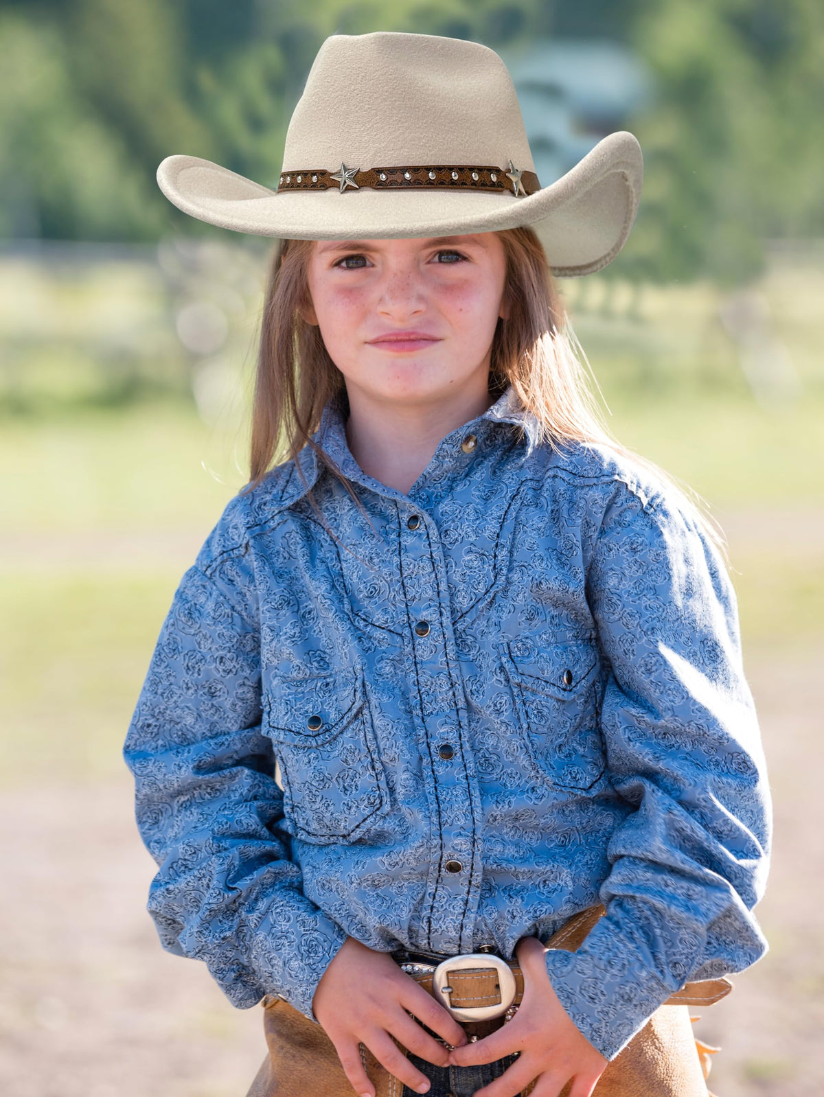Jastore toddler cowboy hat beige worn with denim for costume or outdoor fun.