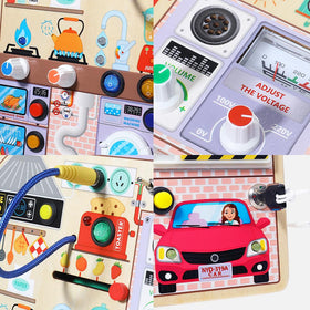 JAUNTY kitchen busy board faucet lever promotes hand-eye coordination for pretend kitchen tasks.