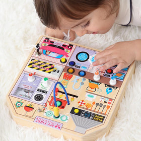 JAUNTY kitchen busy board range-hood button aids fine motor skills through interactive sound.