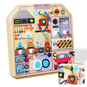 JAUNTY kitchen busy board engaging toy for imaginative play and sensory sound exploration.