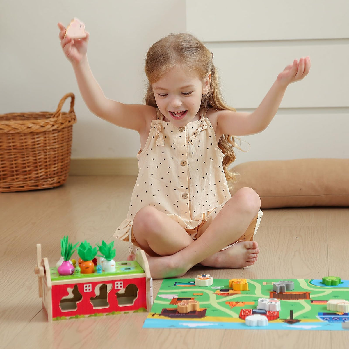JAUNTY wooden house piece supports independent play and shape recognition.