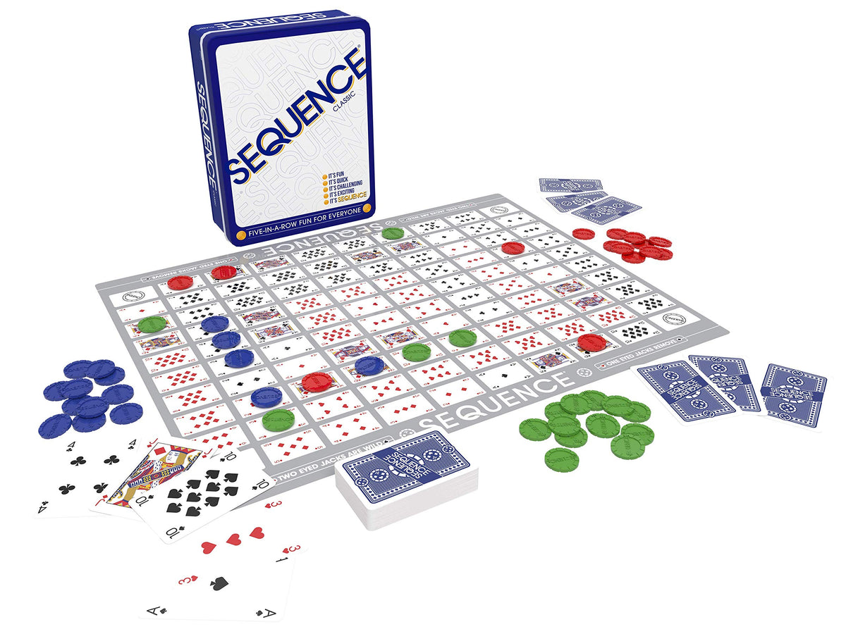Jax Sequence in a Tin showing playing cards ready for quick rounds.