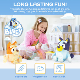 Jay Franco Bluey & Bingo pillow buddies held in hand for portable use