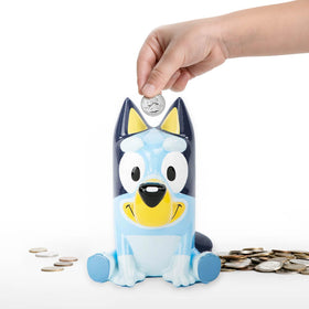 Jay Franco Bluey ceramic piggy bank front view, kid-friendly savings companion.