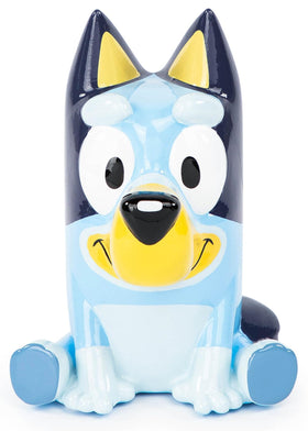 Jay Franco Bluey ceramic piggy bank side view, sturdy desk companion.