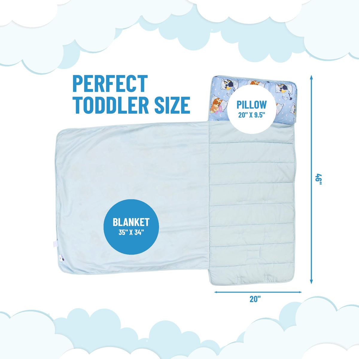 Bluey nap mat blanket feature provides soft cover for quiet time.