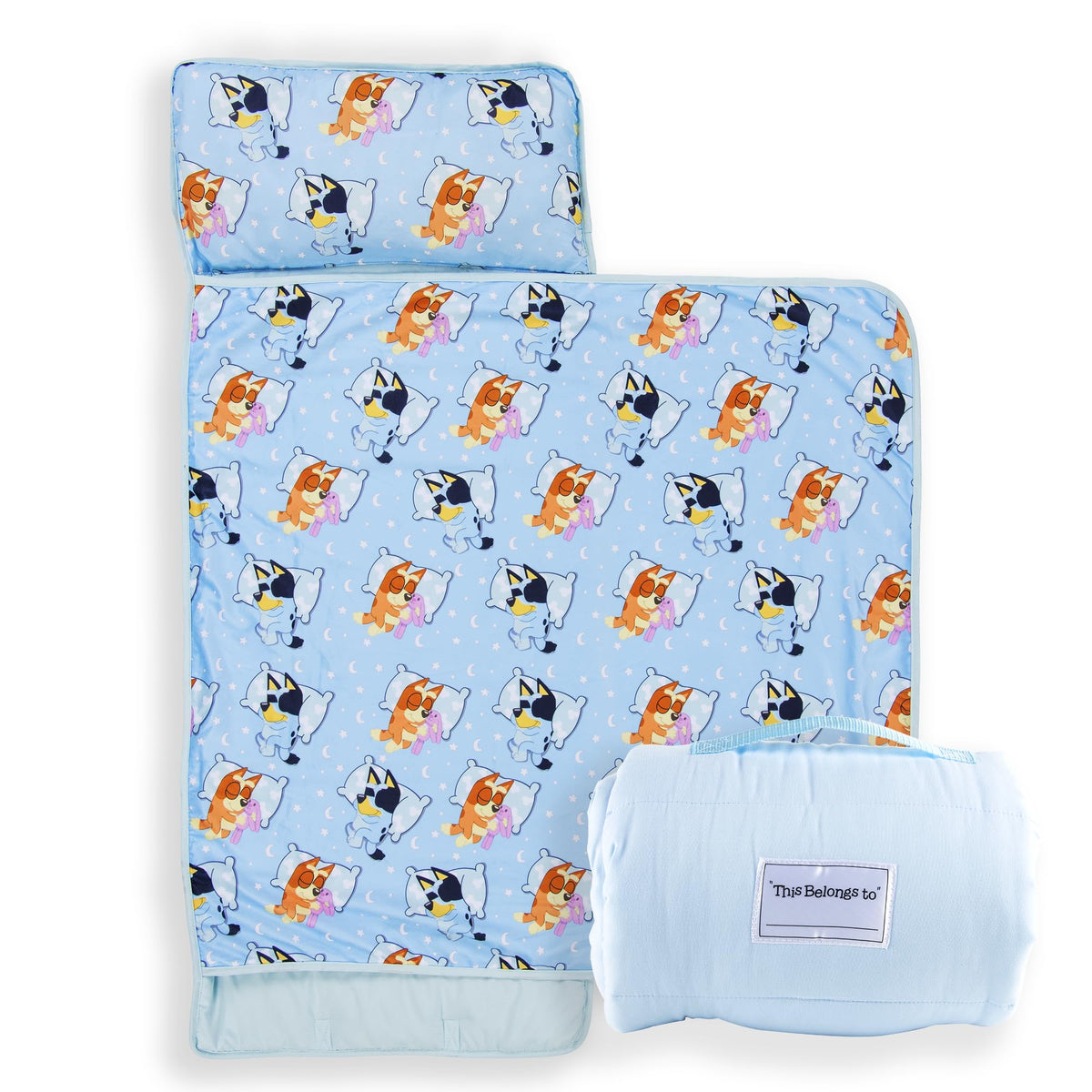 Jay Franco Bluey nap mat with built-in pillow for cozy school naps.