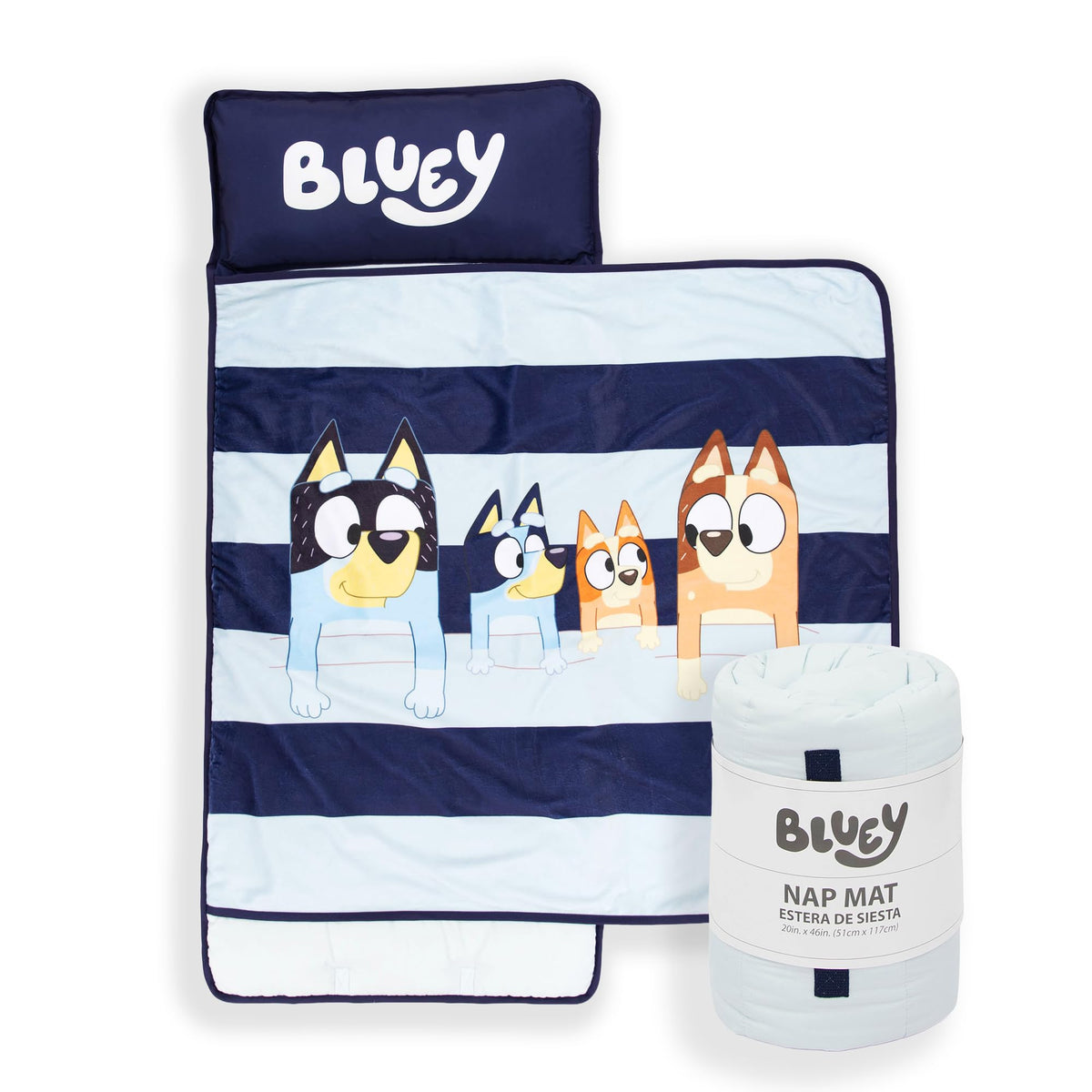 Jay Franco Bluey nap mat with embedded pillow for on-the-go comfort
