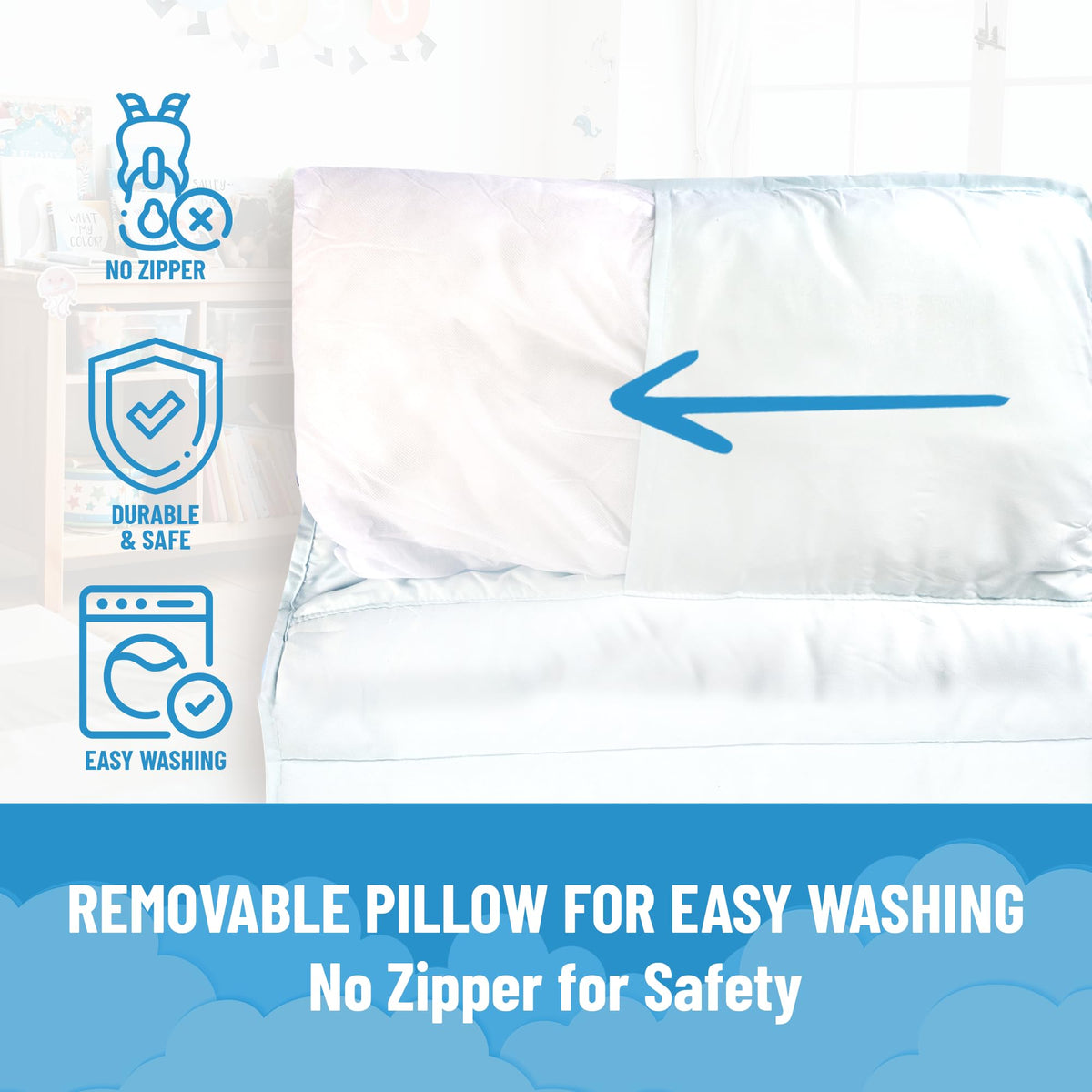 Removable pillow insert simplifies washing and replacement after adventures.
