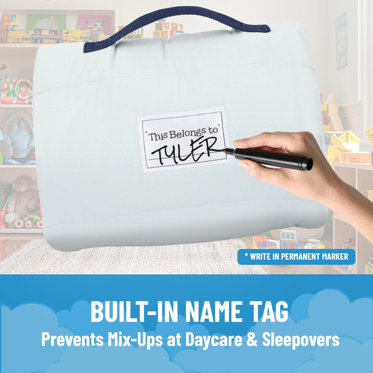 Jay Franco Bluey nap mat name tag helps quick identification