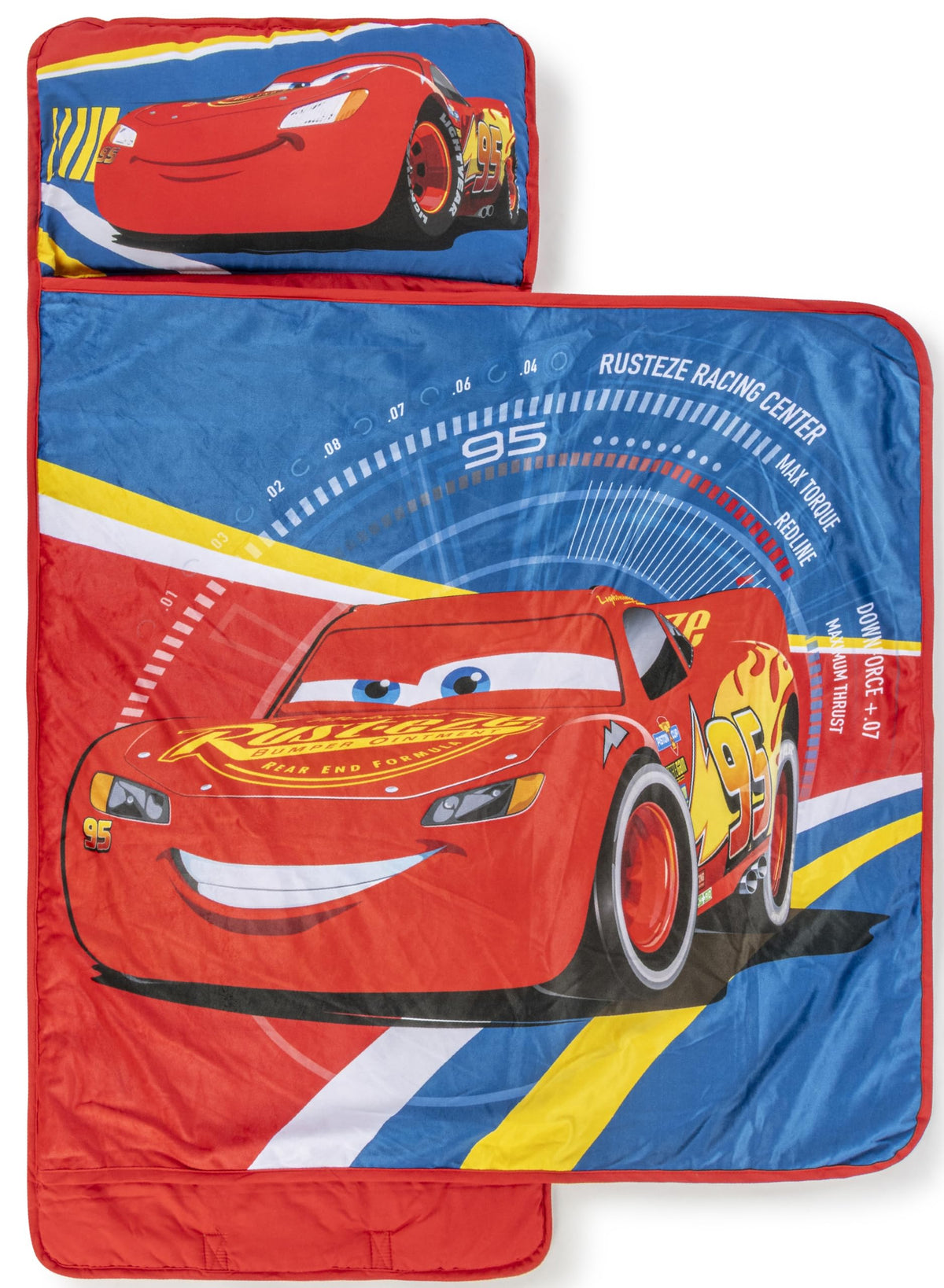 Jay Franco Cars nap mat with built-in pillow for comfy naps.