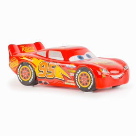 Jay Franco Disney Cars Lightning McQueen piggy bank bottom stopper enables easy coin retrieval.