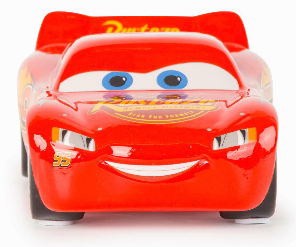 Jay Franco Disney Cars Lightning McQueen piggy bank front view encourages kids to save with fun.