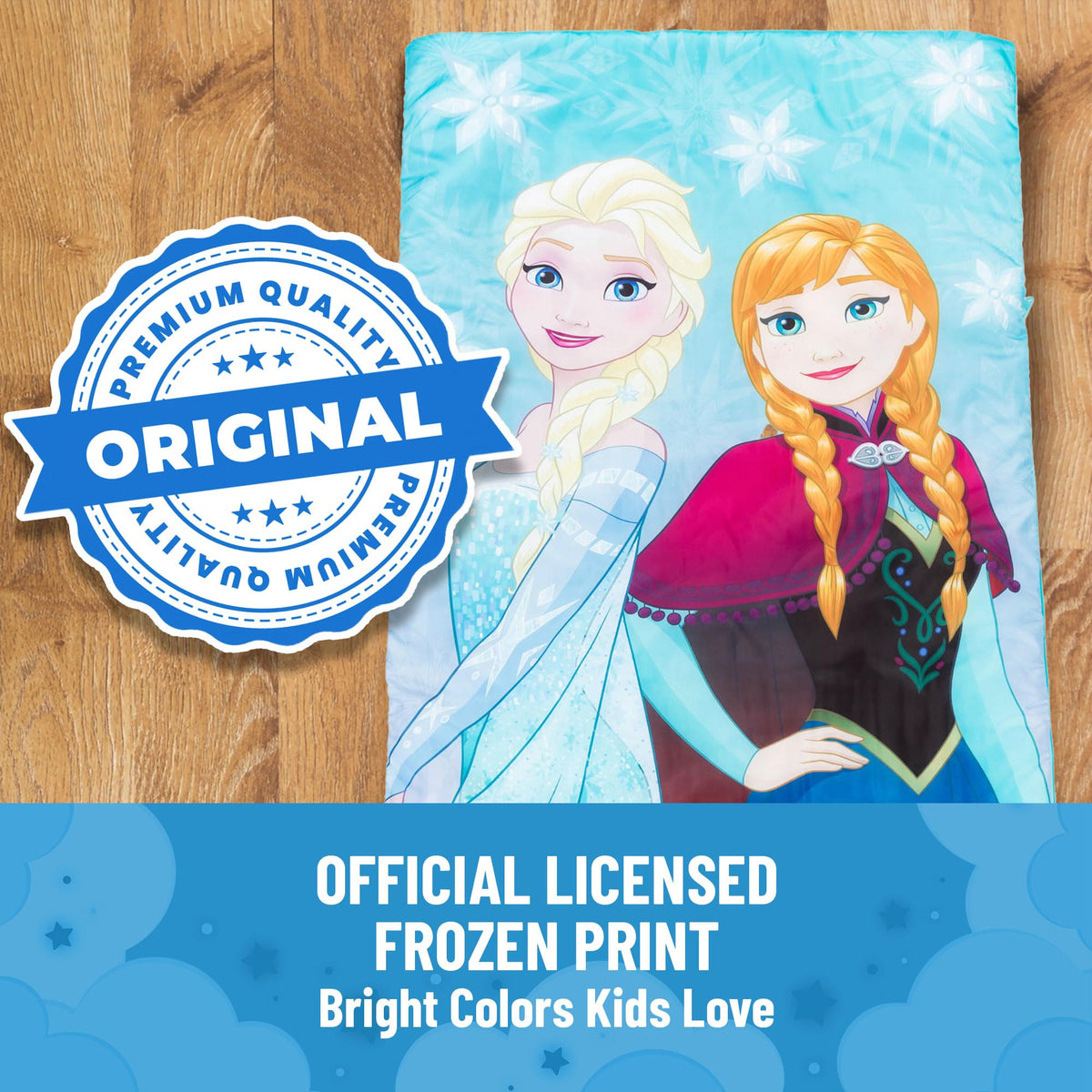 Jay Franco Disney Frozen Sparkle Slumber Sack bedtime scene with Elsa and Anna