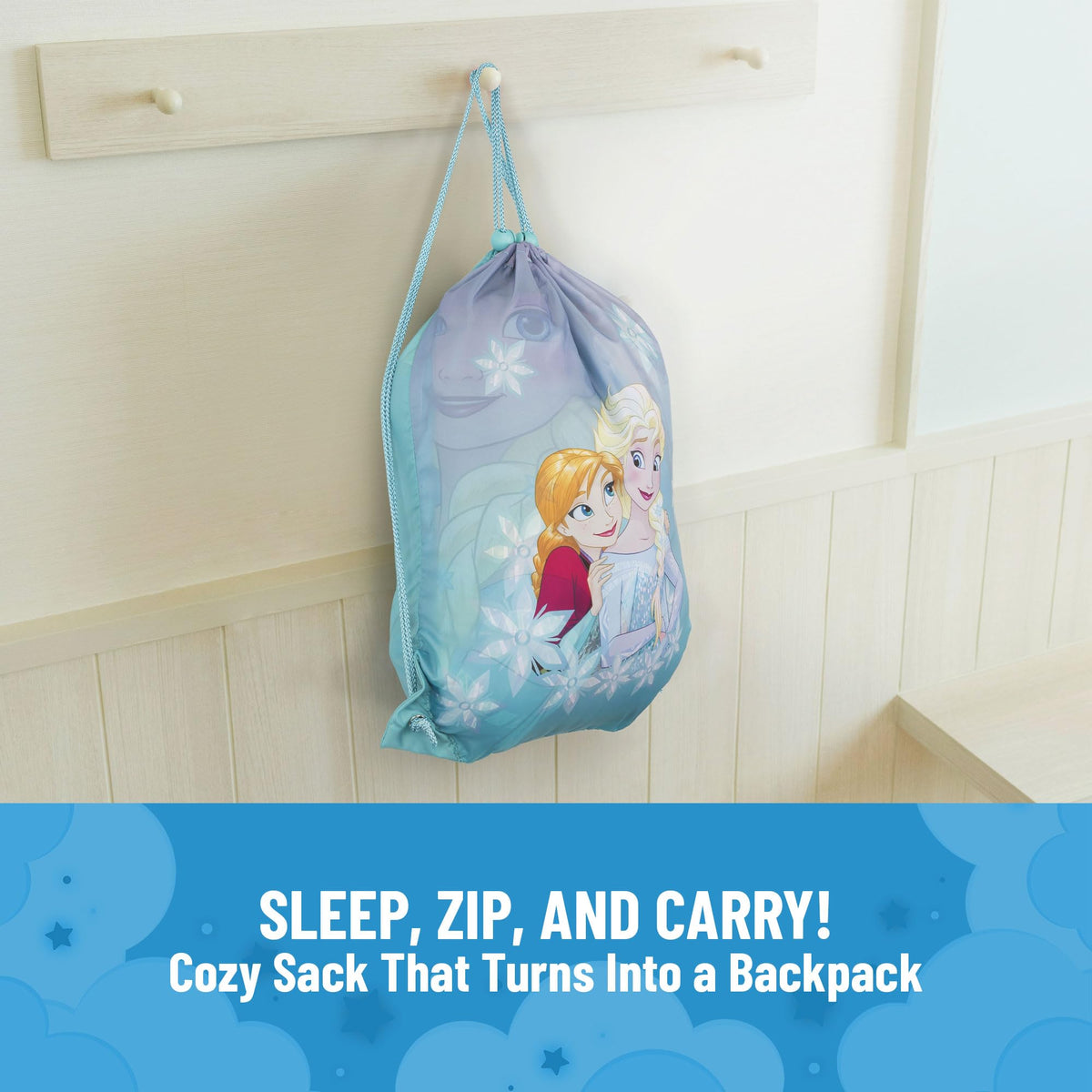 Jay Franco Disney Frozen Sparkle Slumber Sack with drawstring bag keeps accessories organized