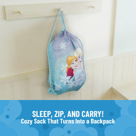 Jay Franco Disney Frozen Sparkle Slumber Sack with drawstring bag keeps accessories organized