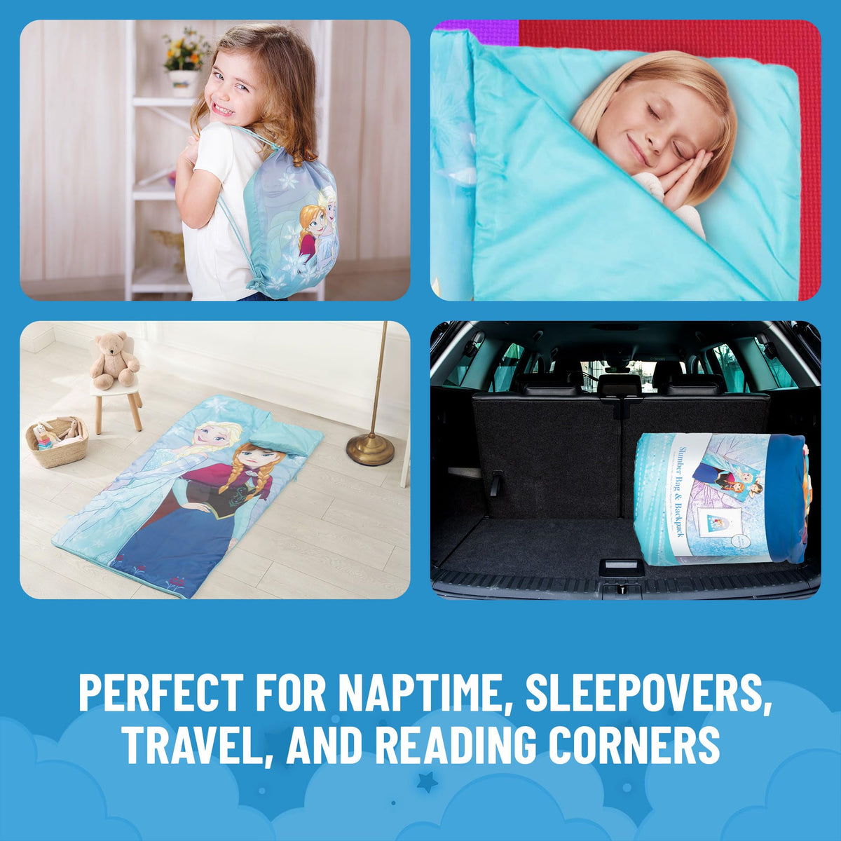 Jay Franco Disney Frozen Sparkle Slumber Sack rolled for storage saves space in small bedrooms