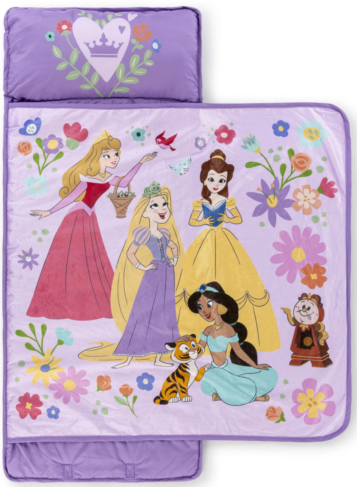 Jay Franco Disney Princess nap mat pillow close-up; ultra-soft microfiber for cozy naps.