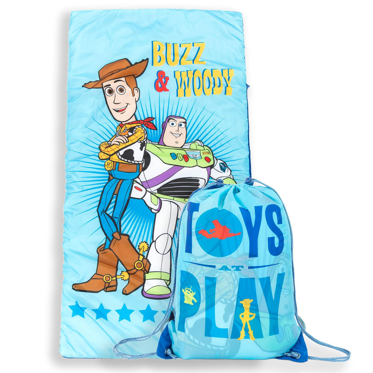 Jay Franco Toy Story slumber sack featuring Woody and Buzz, ideal for cozy bedtime adventures.