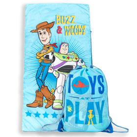 Jay Franco Toy Story slumber sack featuring Woody and Buzz, ideal for cozy bedtime adventures.