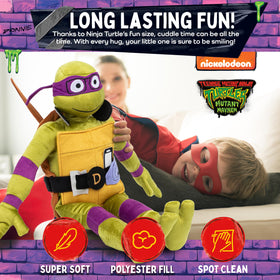 Donatello plush pillow buddy held by a child for comforting support at home.