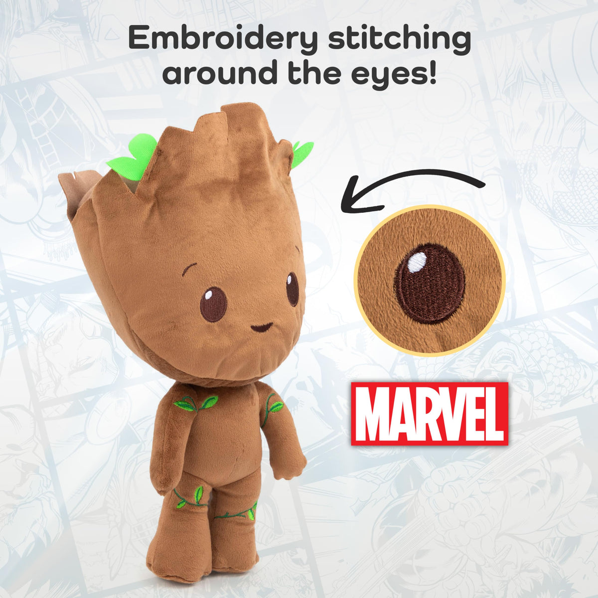 Jay Franco Groot plush close-up, ultra-soft microfiber texture.