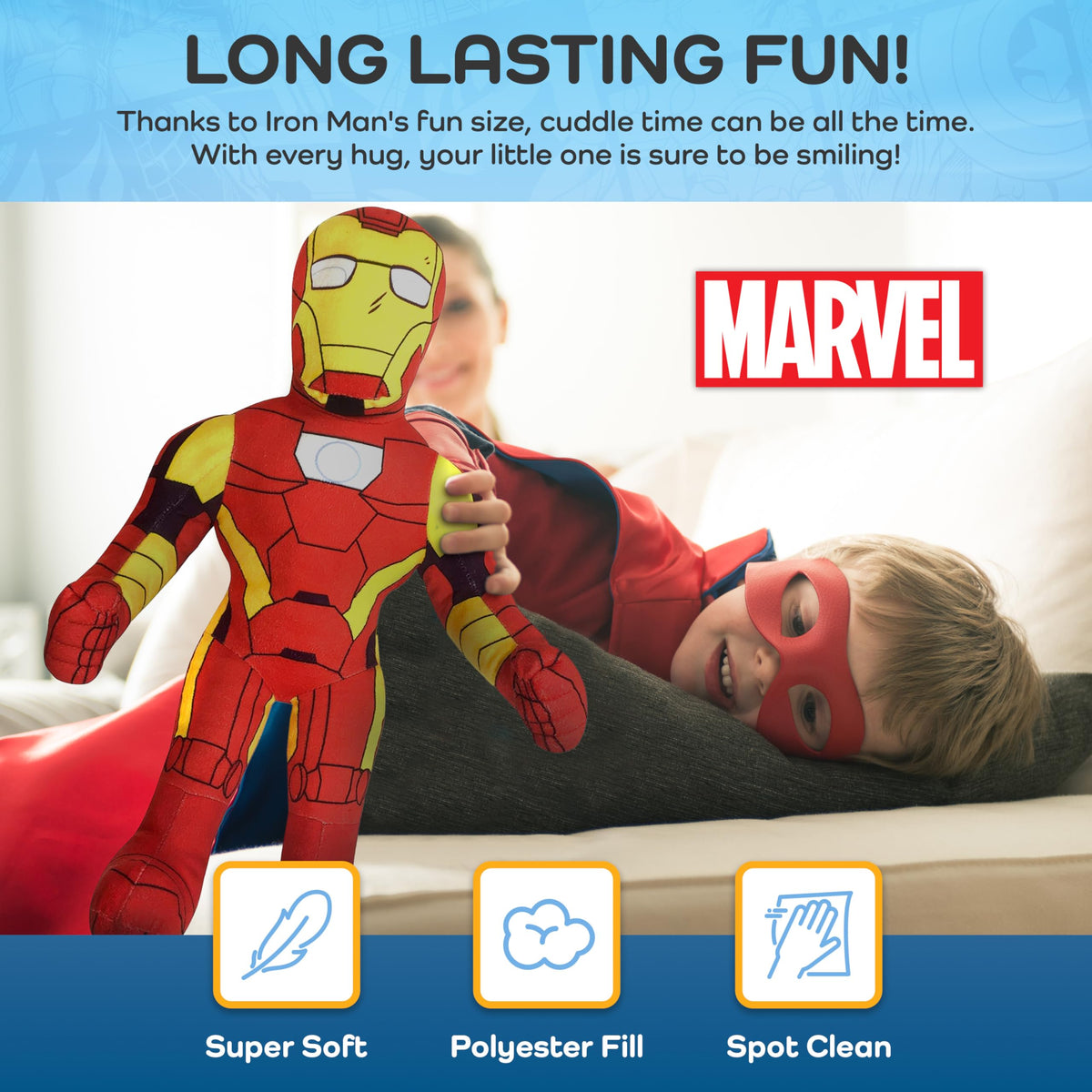 Jay Franco Marvel Iron Man pillow buddy fabric close-up highlights soft microfiber feel.