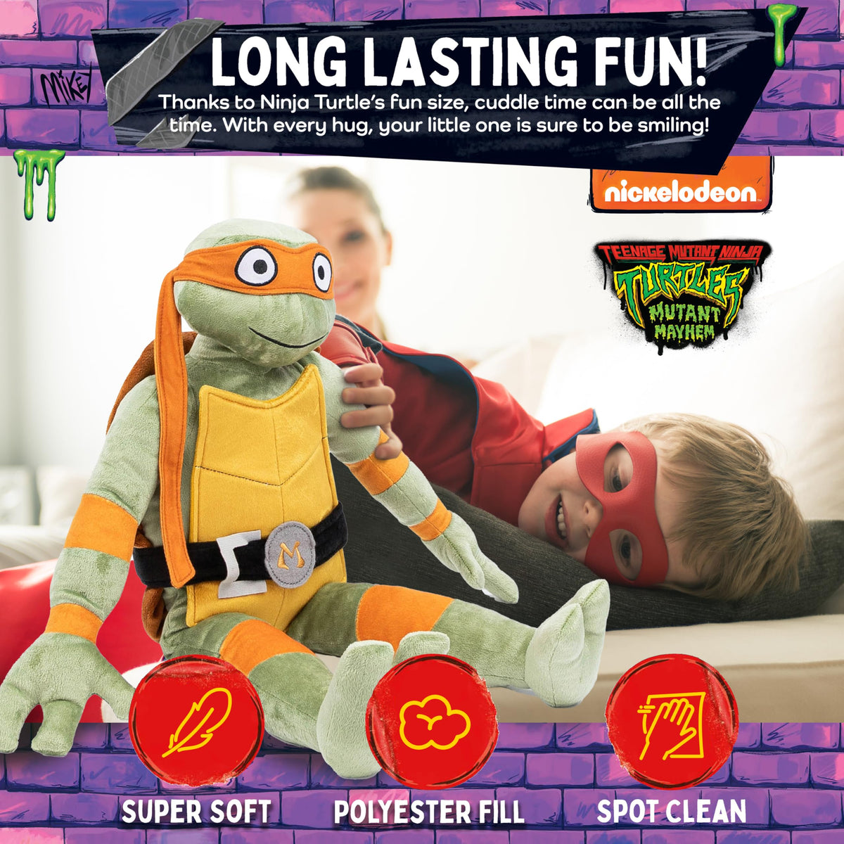 Jay Franco Michelangelo Pillow Buddy resting on bed, ideal for naptime and bedtime routines.