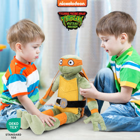 Jay Franco Michelangelo Pillow Buddy playtime scene, enhances imaginative TMNT adventures.